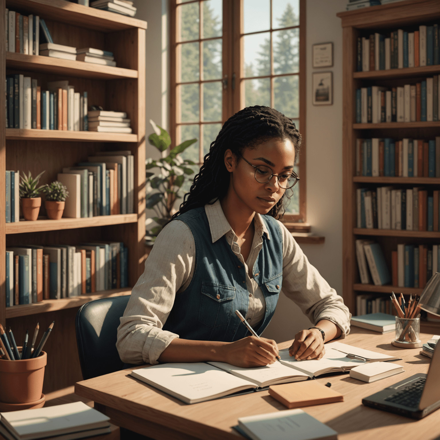 Simone Tebet sentada em sua escrivaninha, escrevendo em um caderno, com uma estante de livros ao fundo