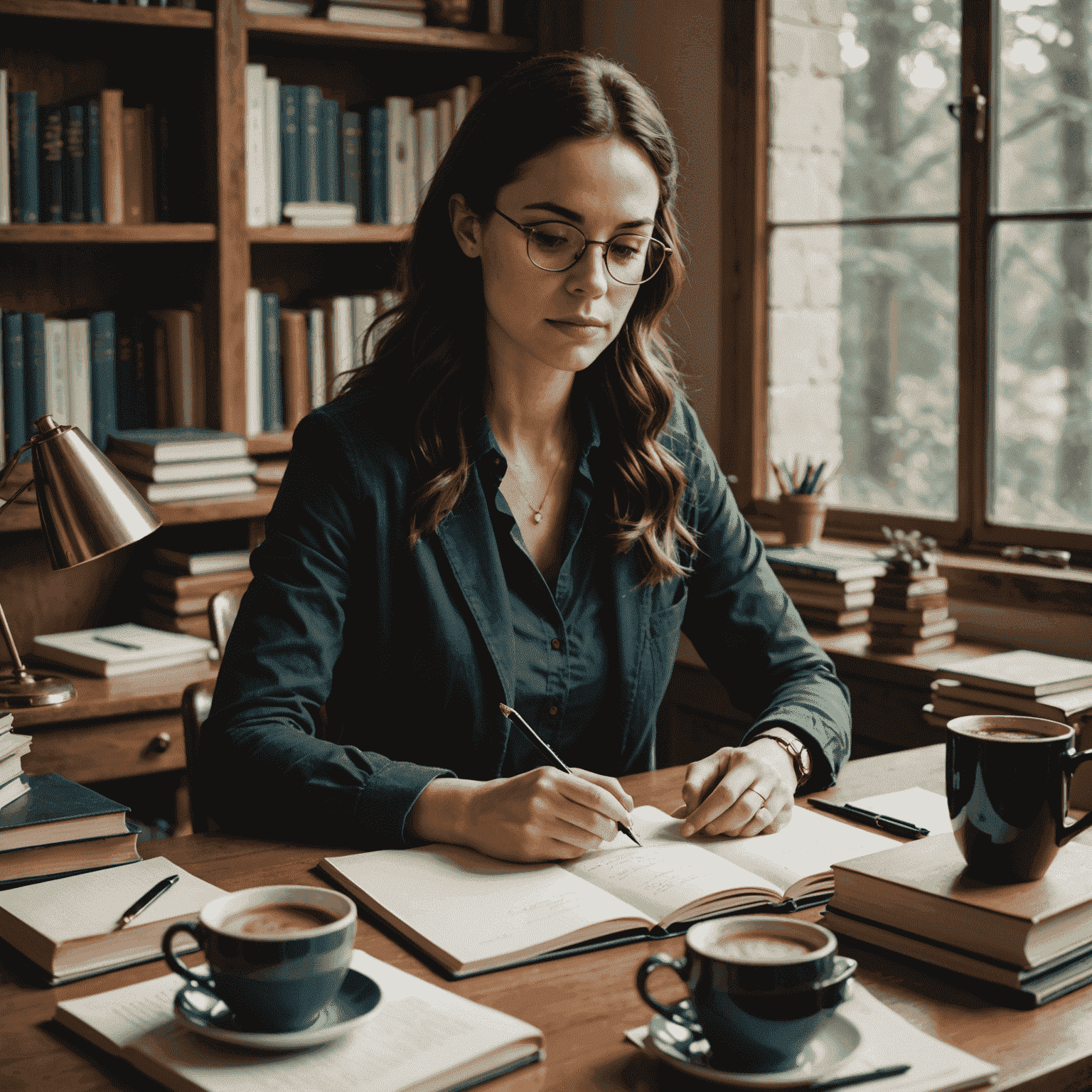 Simone Tebet sentada em sua mesa, escrevendo em um caderno com uma caneta, cercada por livros e uma xícara de café. A imagem transmite concentração e dedicação ao processo de escrita.