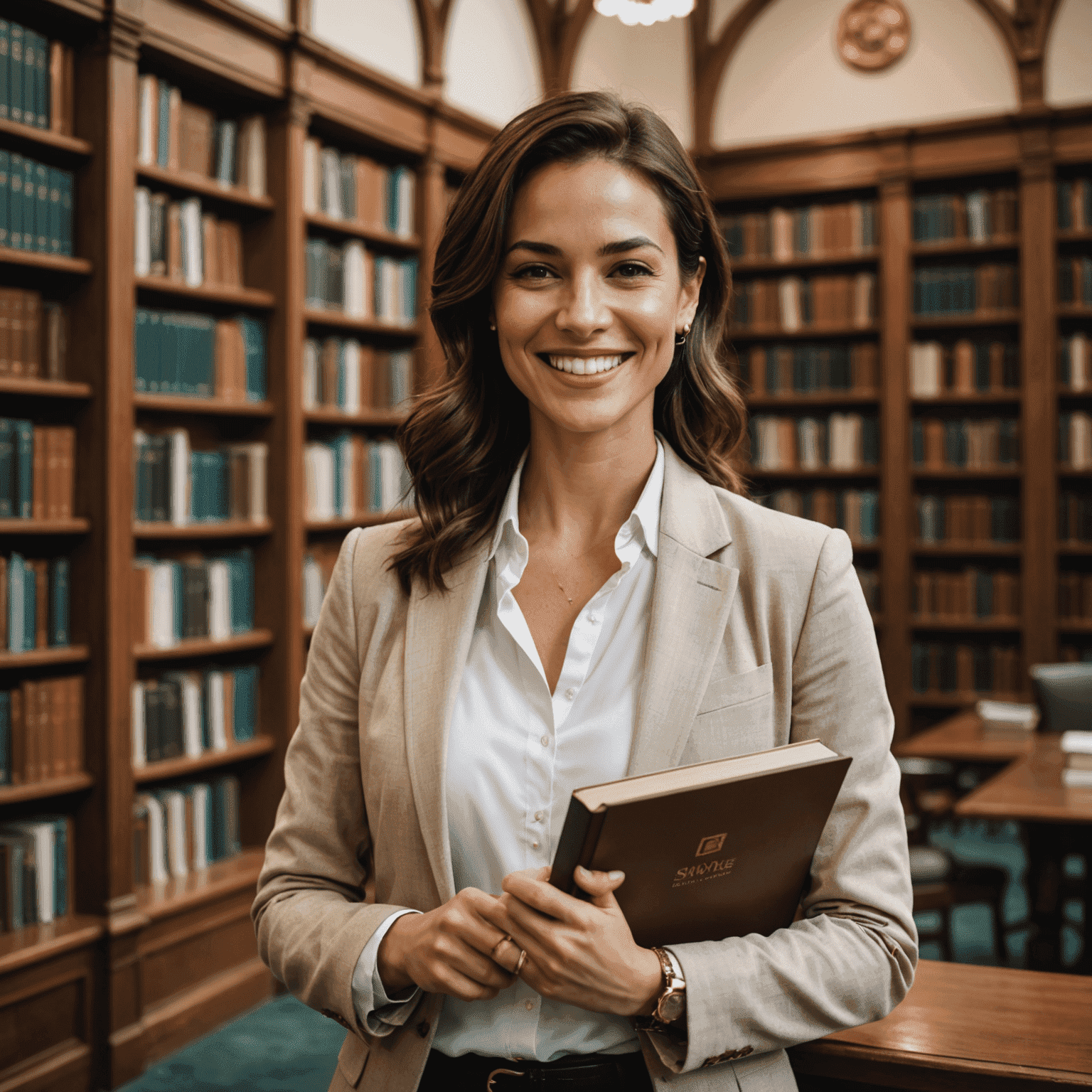 Simone Tebet sorrindo, segurando seu novo livro em um ambiente de biblioteca. Ela está vestida de forma elegante e profissional, com uma blusa branca e um blazer marrom.