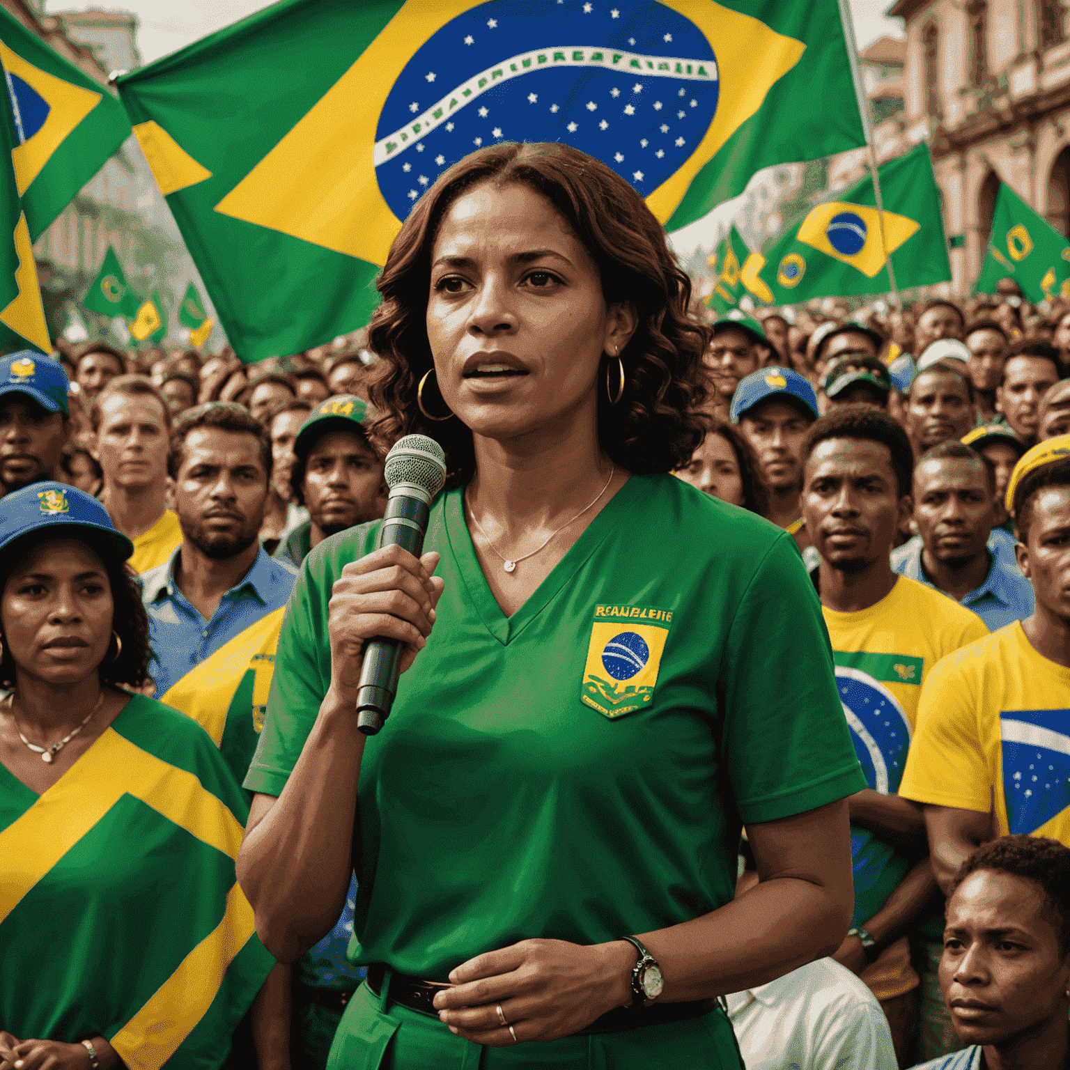 Simone Tebet discursando em um evento político, com a bandeira brasileira ao fundo e uma multidão diversificada de apoiadores