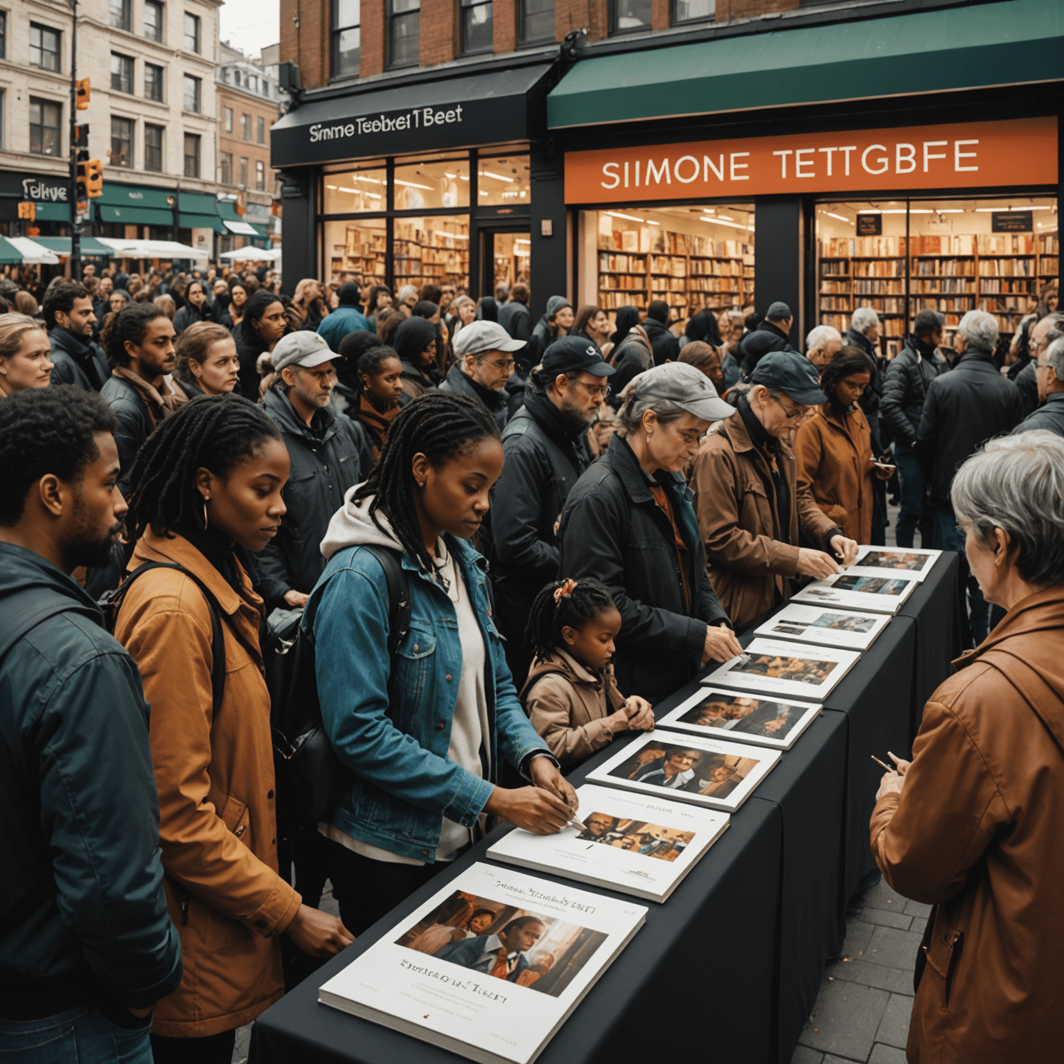 Capa do livro de Simone Tebet em destaque, com uma fila de pessoas esperando para comprar e ter seus exemplares autografados