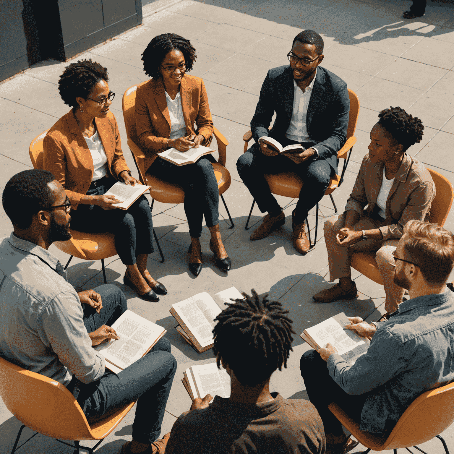 Imagem de um grupo diversificado de pessoas em uma roda de discussão, segurando o livro de Simone Tebet e conversando animadamente.